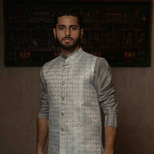 Suutraa Men's Grey Silk Kurta Pyjama Jacket Set - suutraa.com