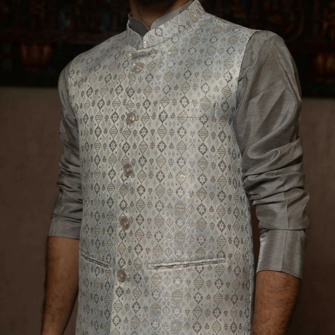 Suutraa Men's Grey Silk Kurta Pyjama Jacket Set - suutraa.com