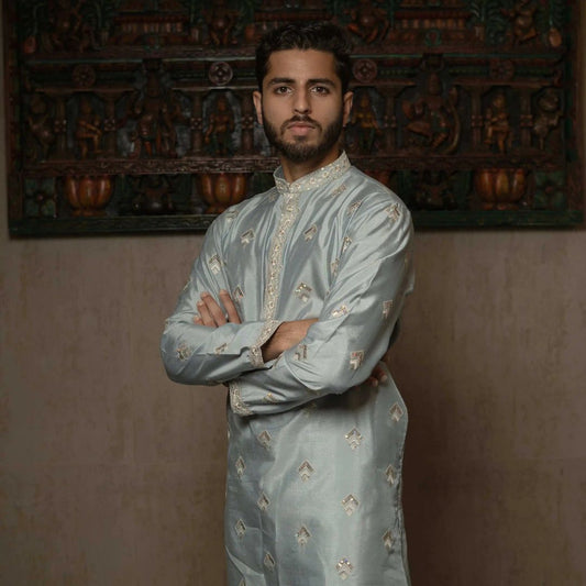 Suutraa Men's Sea Blue Silk all over Embroided Kurta - suutraa.com