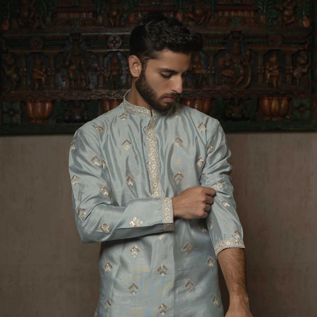 Suutraa Men's Sea Blue Silk all over Embroided Kurta - suutraa.com