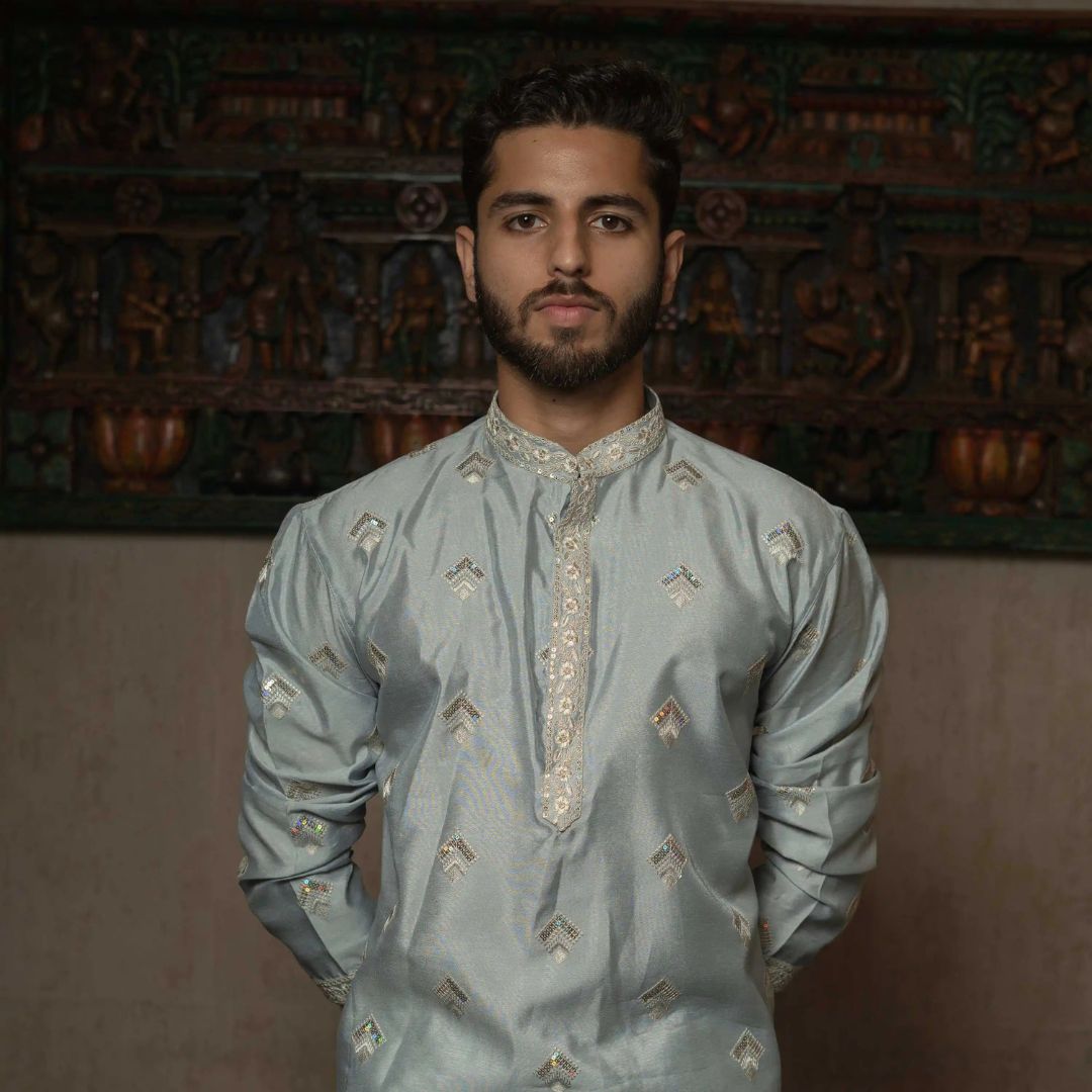 Suutraa Men's Sea Blue Silk all over Embroided Kurta - suutraa.com