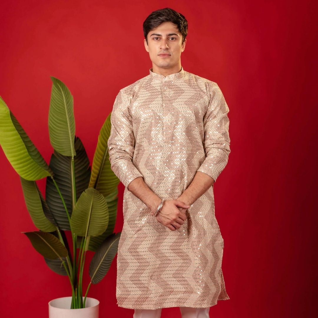 Suutraa Men's Rose Gold All Over Embroided Kurta - suutraa.com
