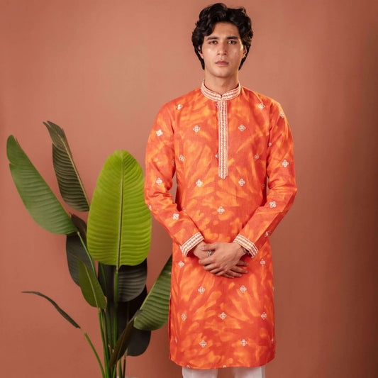 Suutraa Men's Orange Linen Embroided Kurta - suutraa.com