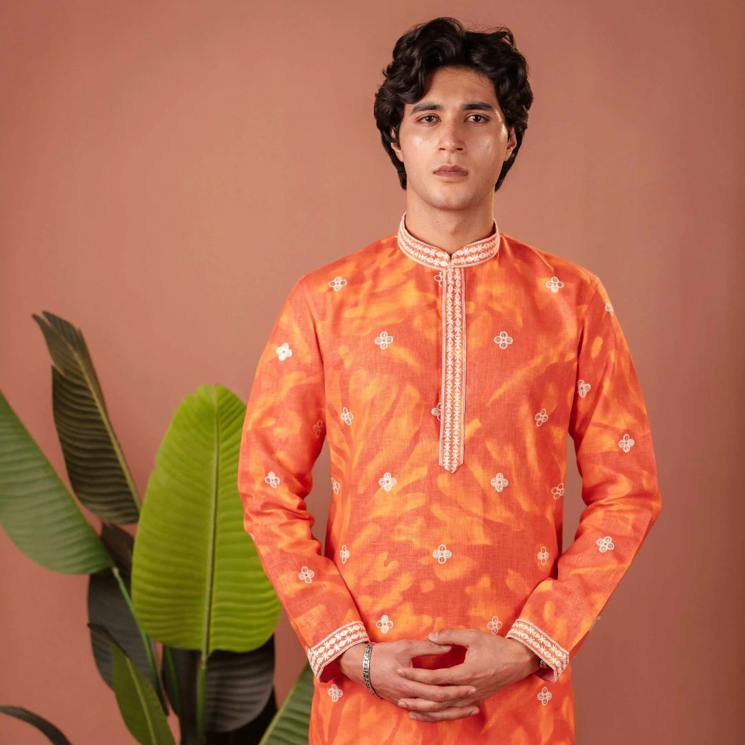 Suutraa Men's Orange Linen Embroided Kurta - suutraa.com