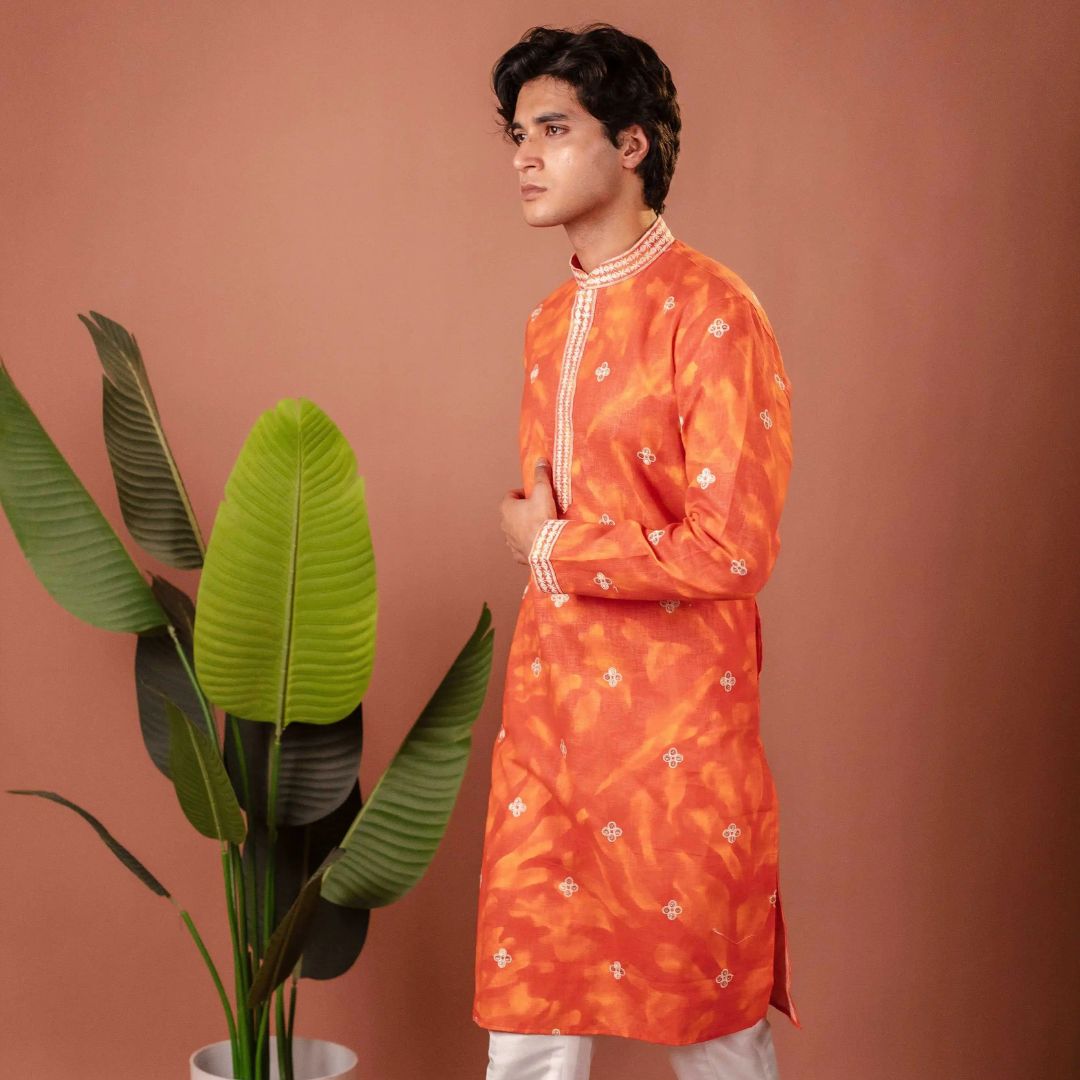 Suutraa Men's Orange Linen Embroided Kurta - suutraa.com
