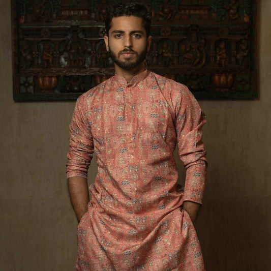Suutraa Men's Pink Silk Printed Kurta - suutraa.com