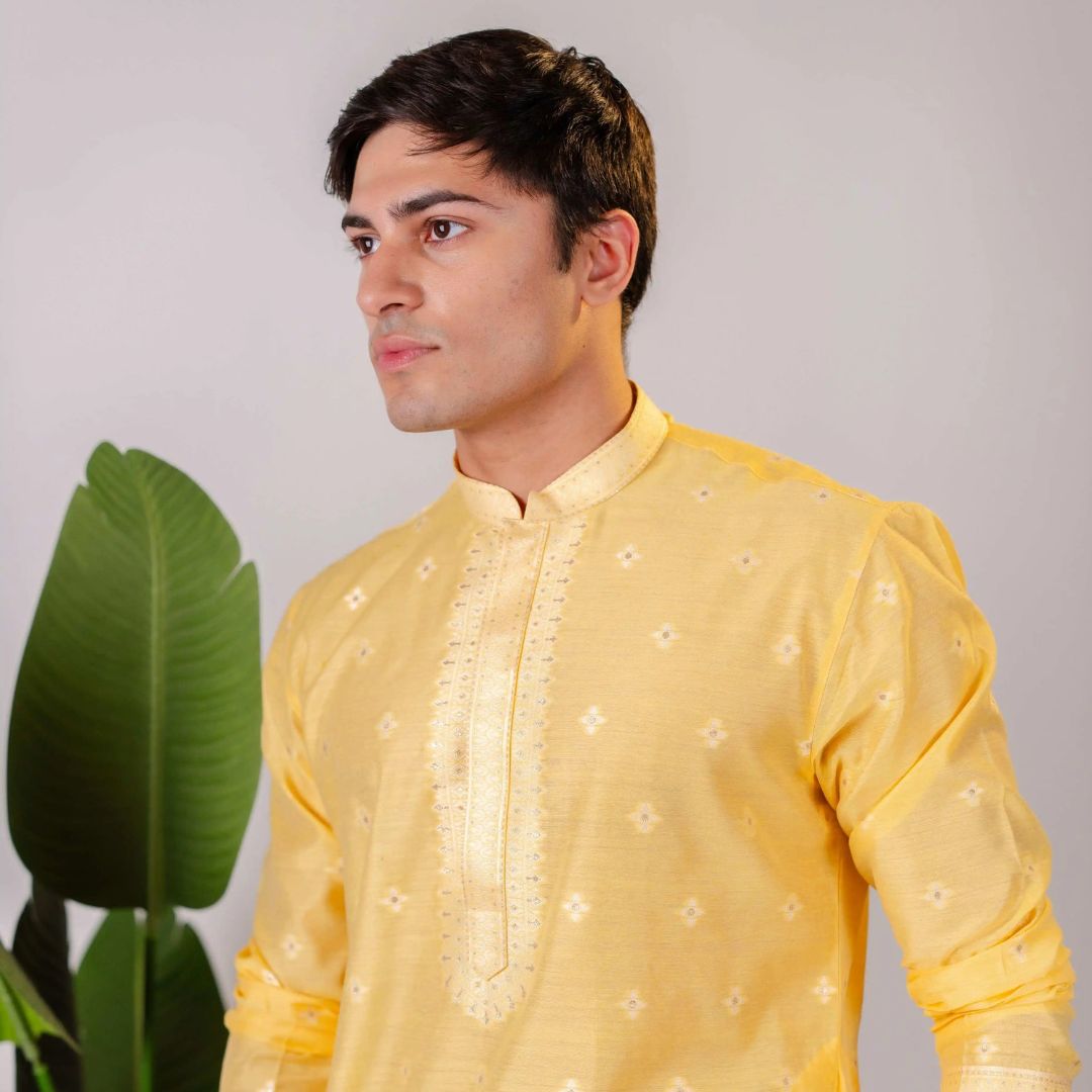Suutraa Men's Yellow Silk Kurta with Neck Emb - suutraa.com