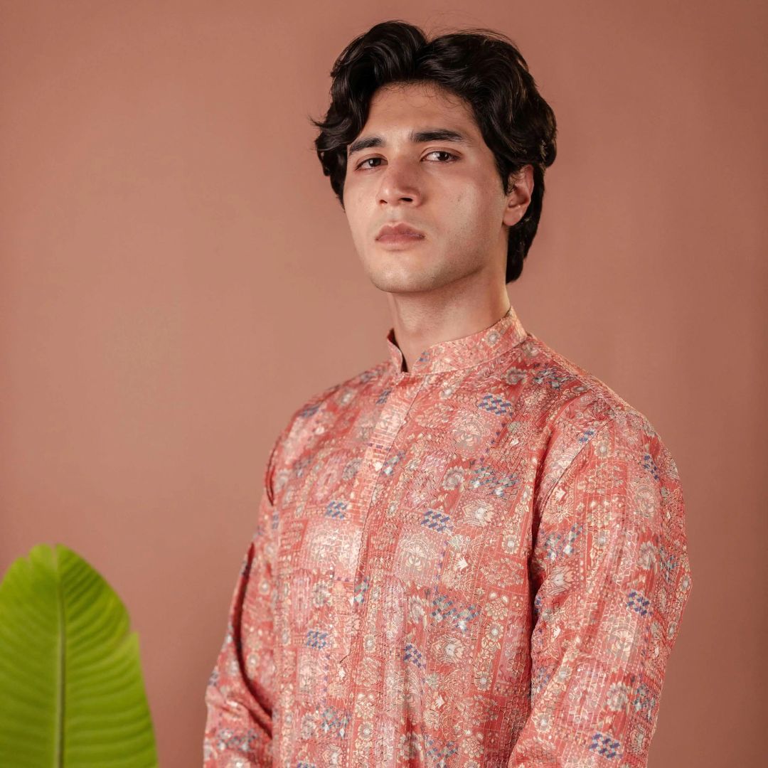 Suutraa Men's Pink Silk Printed Kurta - suutraa.com