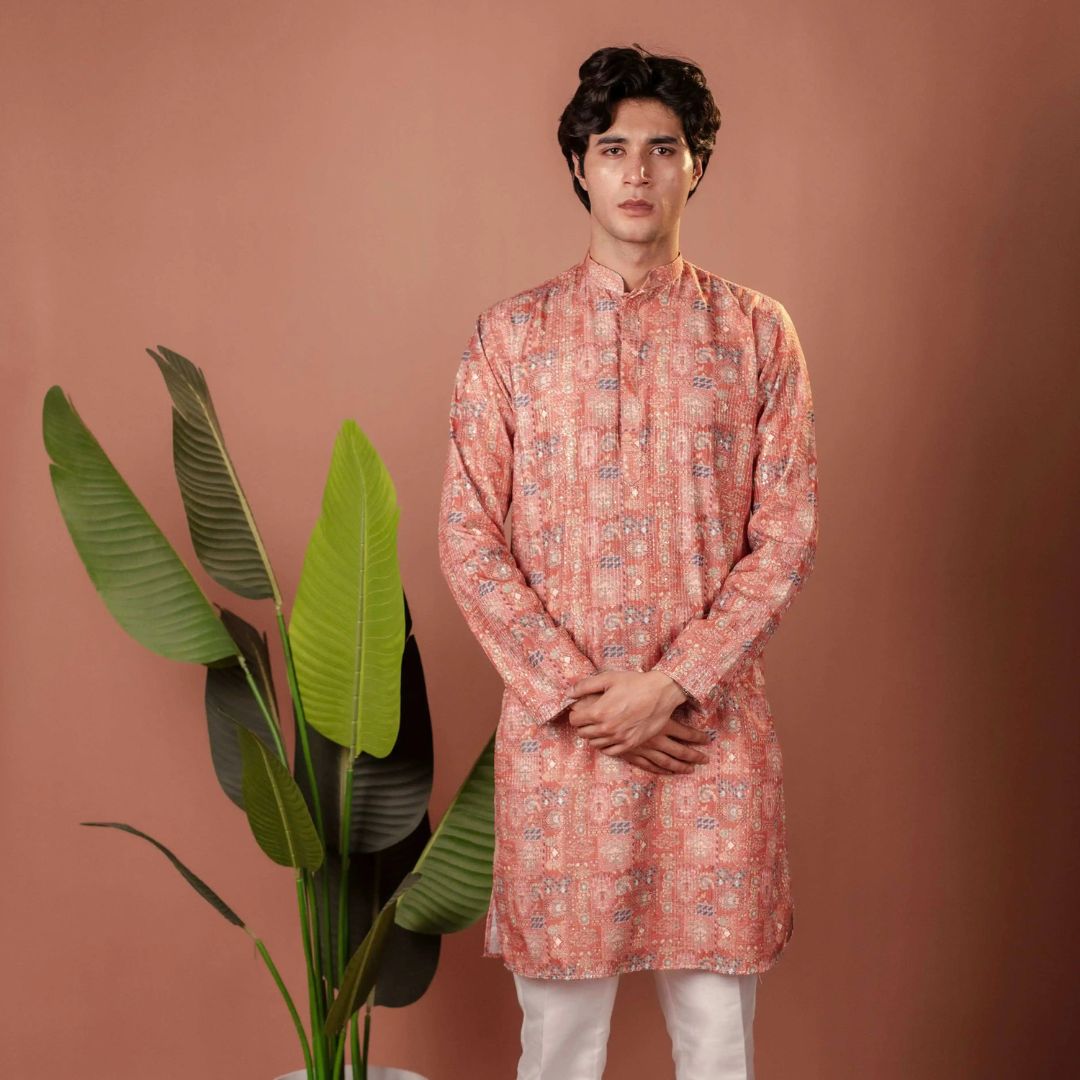 Suutraa Men's Pink Silk Printed Kurta - suutraa.com