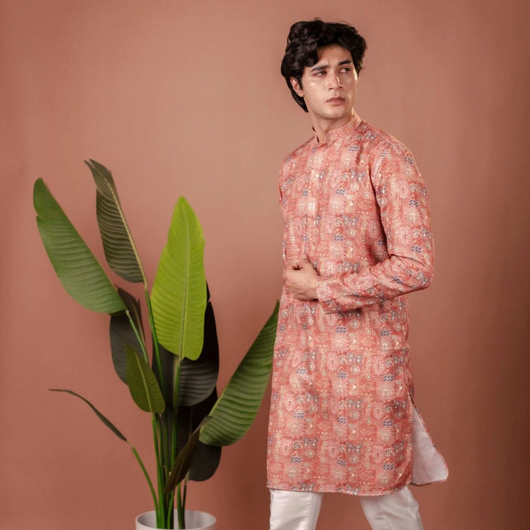 Suutraa Men's Pink Silk Printed Kurta - suutraa.com