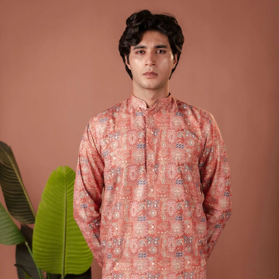 Suutraa Men's Pink Silk Printed Kurta - suutraa.com