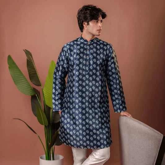 Suutraa Men's Navy Blue Jaquard Printed Kurta - suutraa.com