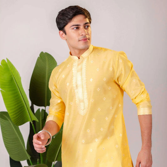 Suutraa Men's Yellow Silk Kurta with Neck Emb - suutraa.com