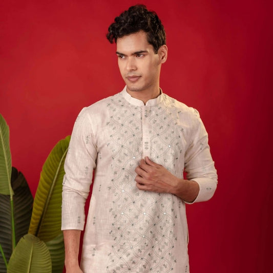 Suutraa Men's Cream Linen Embroided Kurta - suutraa.com