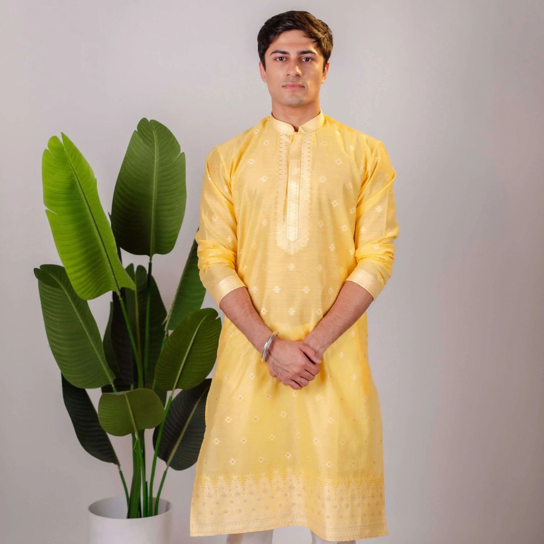 Suutraa Men's Yellow Silk Kurta with Neck Emb - suutraa.com