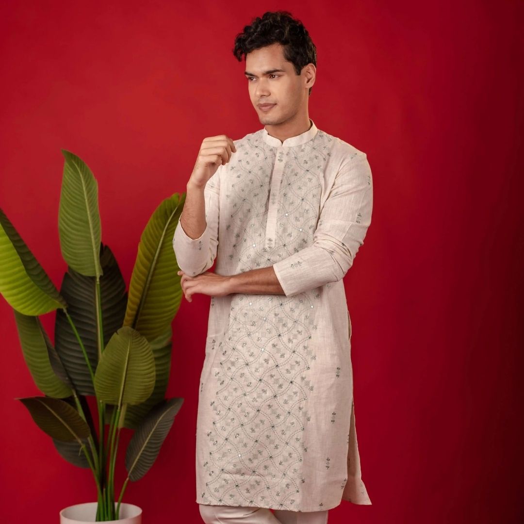 Suutraa Men's Cream Linen Embroided Kurta - suutraa.com