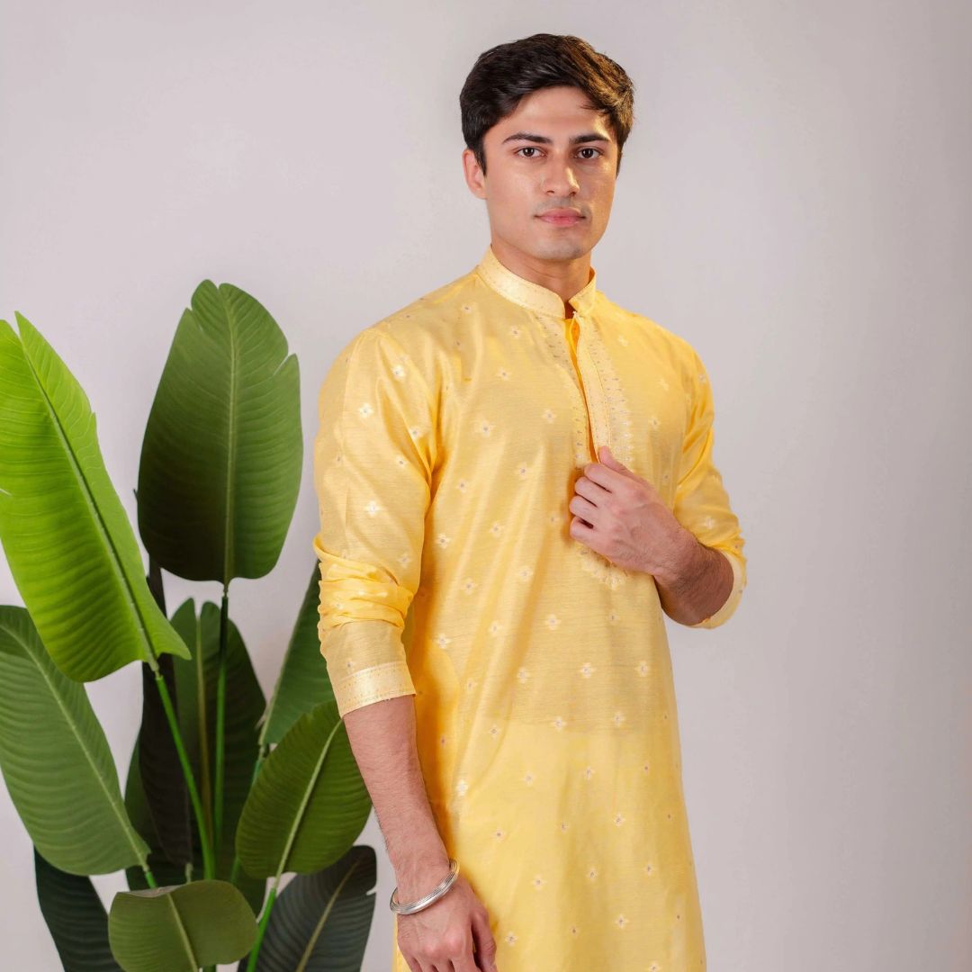 Suutraa Men's Yellow Silk Kurta with Neck Emb - suutraa.com