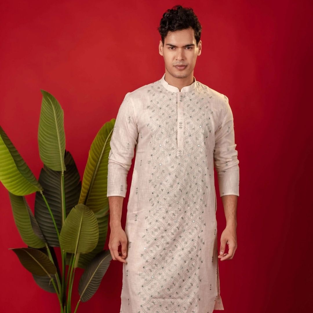 Suutraa Men's Cream Linen Embroided Kurta - suutraa.com