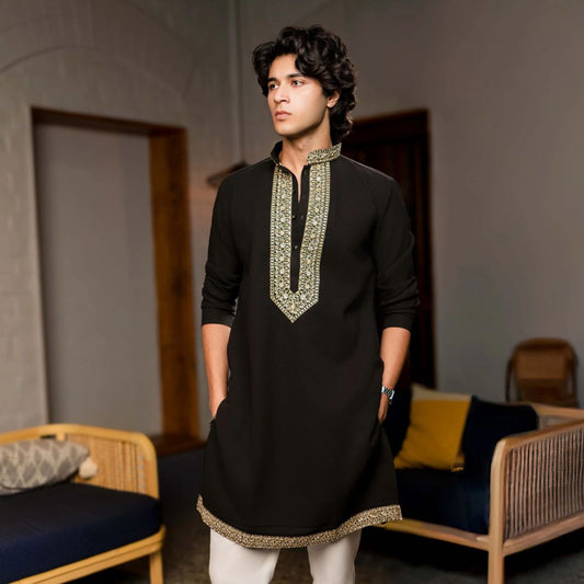 Suutraa Men's Black Silk Kurta with Golden Zari Embroidery - suutraa.com