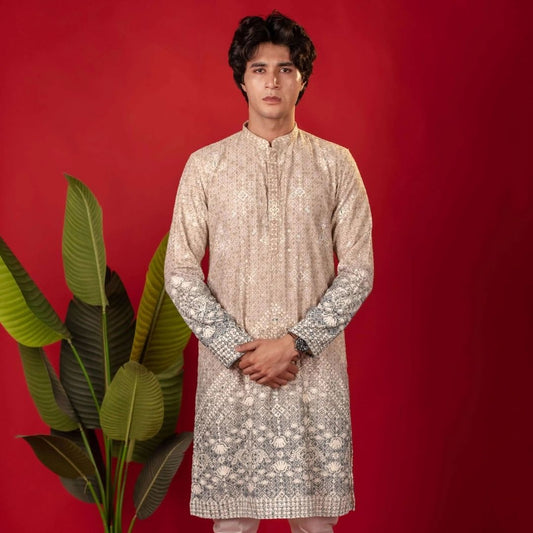Suutraa Men's Beige Figure Embroided Chikankari Kurta - suutraa.com