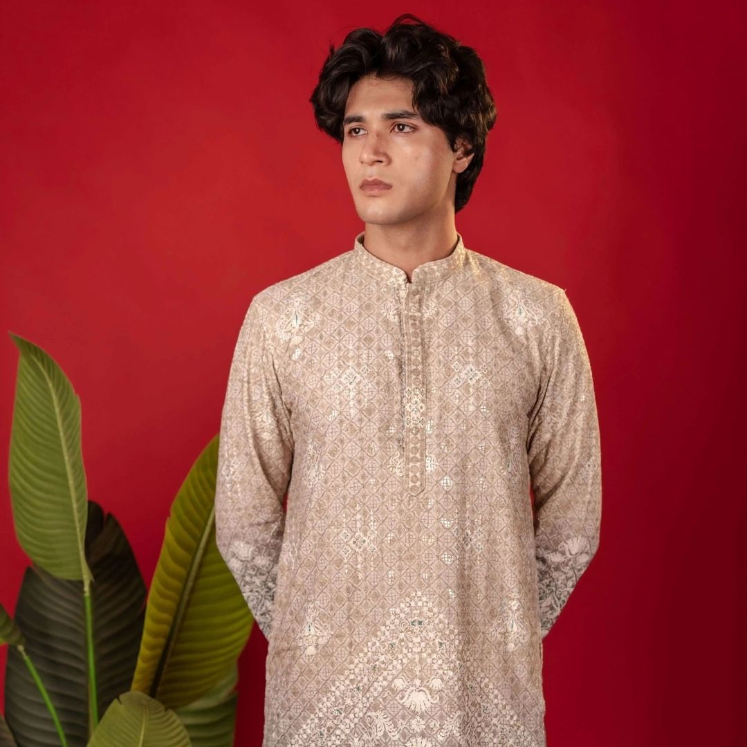 Suutraa Men's Beige Figure Embroided Chikankari Kurta - suutraa.com