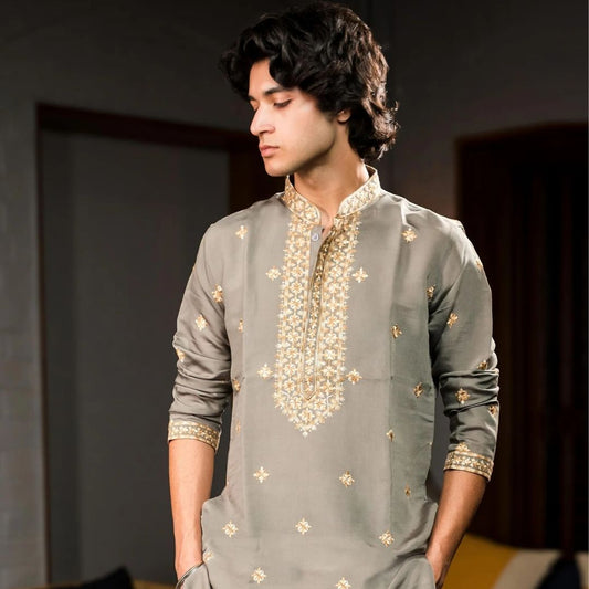 Suutraa Men's Grey Silk Kurta with Gold Embroidery - suutraa.com