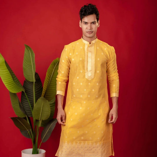 Suutraa Men's Deep Yellow Silk Kurta with Neck Emb - suutraa.com