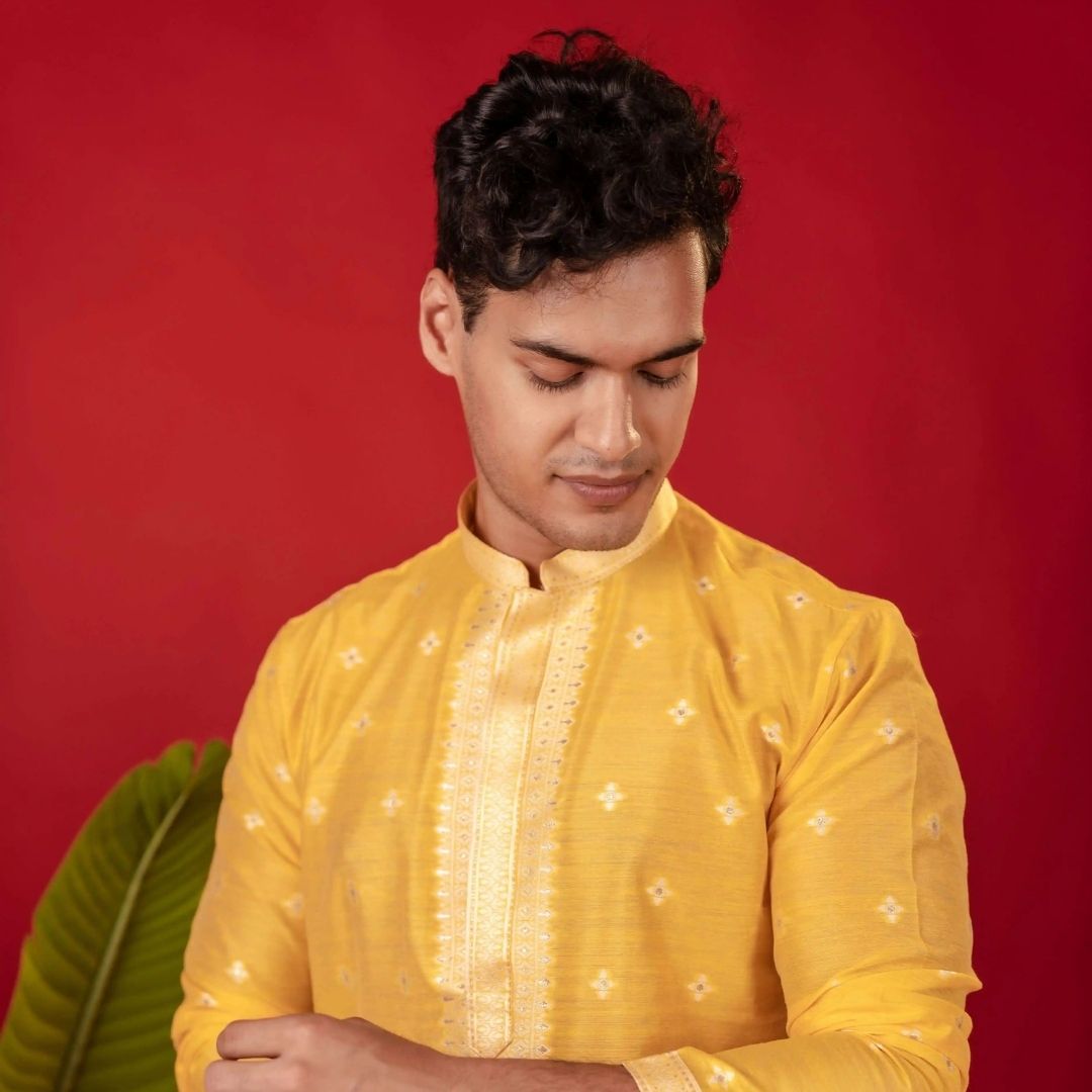 Suutraa Men's Deep Yellow Silk Kurta with Neck Emb - suutraa.com