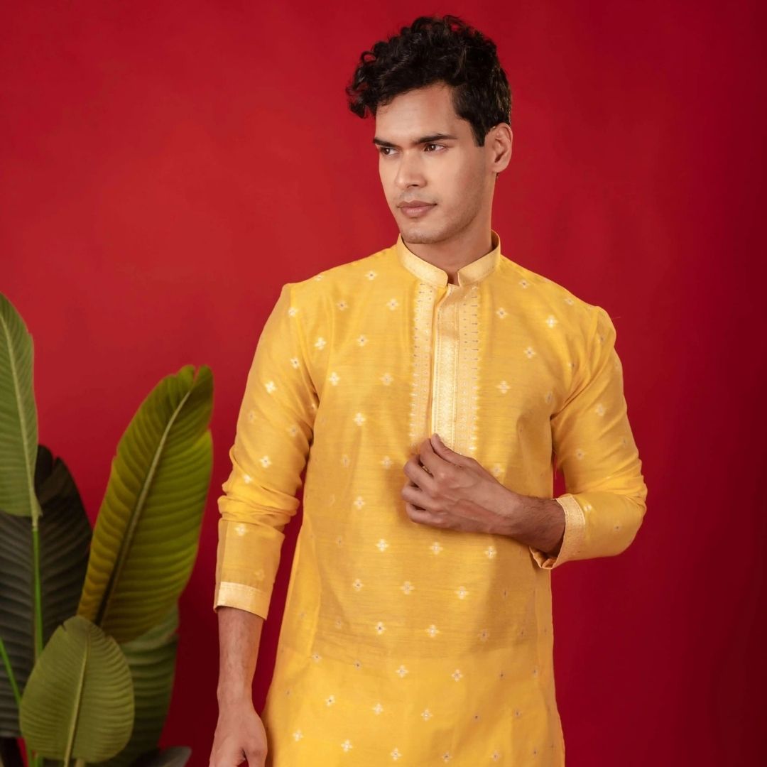 Suutraa Men's Deep Yellow Silk Kurta with Neck Emb - suutraa.com