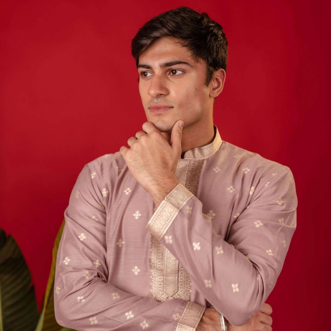 Suutraa Men's Lavender Silk Kurta with Neck Emb - suutraa.com