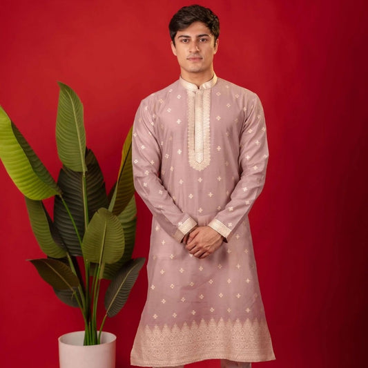 Suutraa Men's Lavender Silk Kurta with Neck Emb - suutraa.com