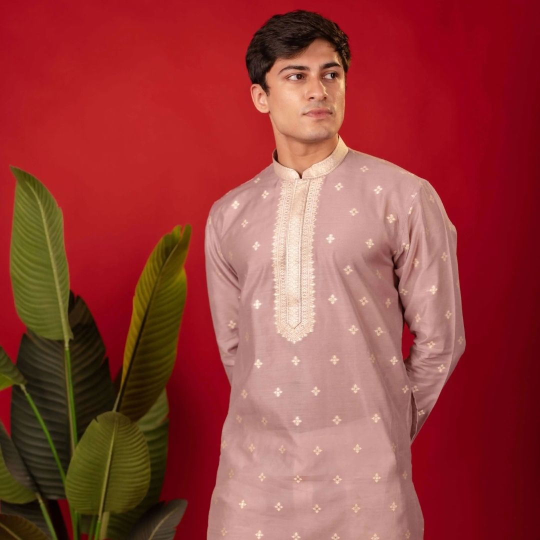 Suutraa Men's Lavender Silk Kurta with Neck Emb - suutraa.com