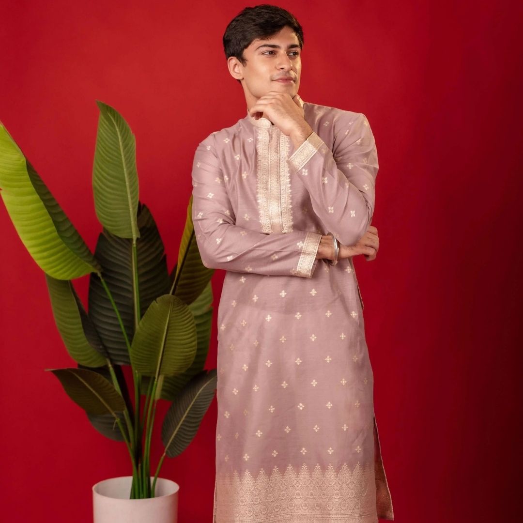 Suutraa Men's Lavender Silk Kurta with Neck Emb - suutraa.com
