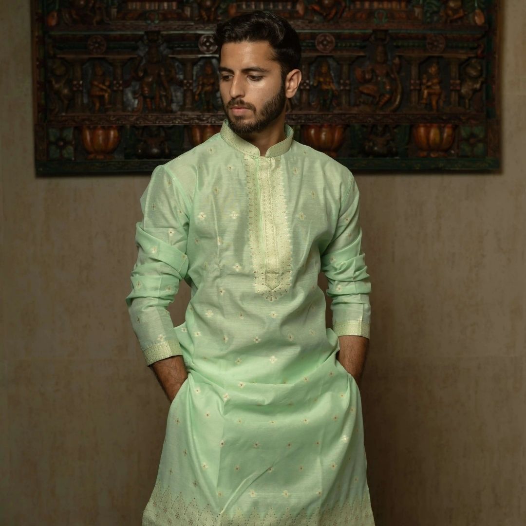 Suutraa Men's Pista Green Silk Kurta with Neck Emb - suutraa.com