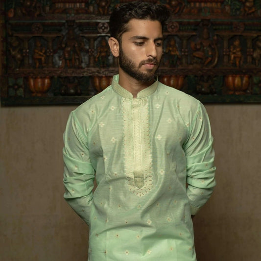 Suutraa Men's Pista Green Silk Kurta with Neck Emb - suutraa.com