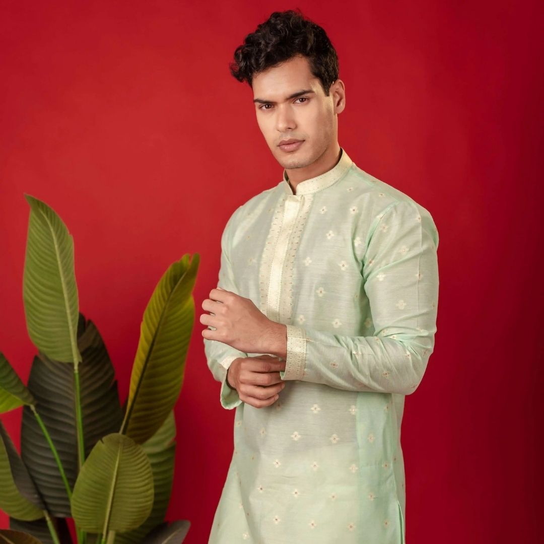 Suutraa Men's Pista Green Silk Kurta with Neck Emb - suutraa.com