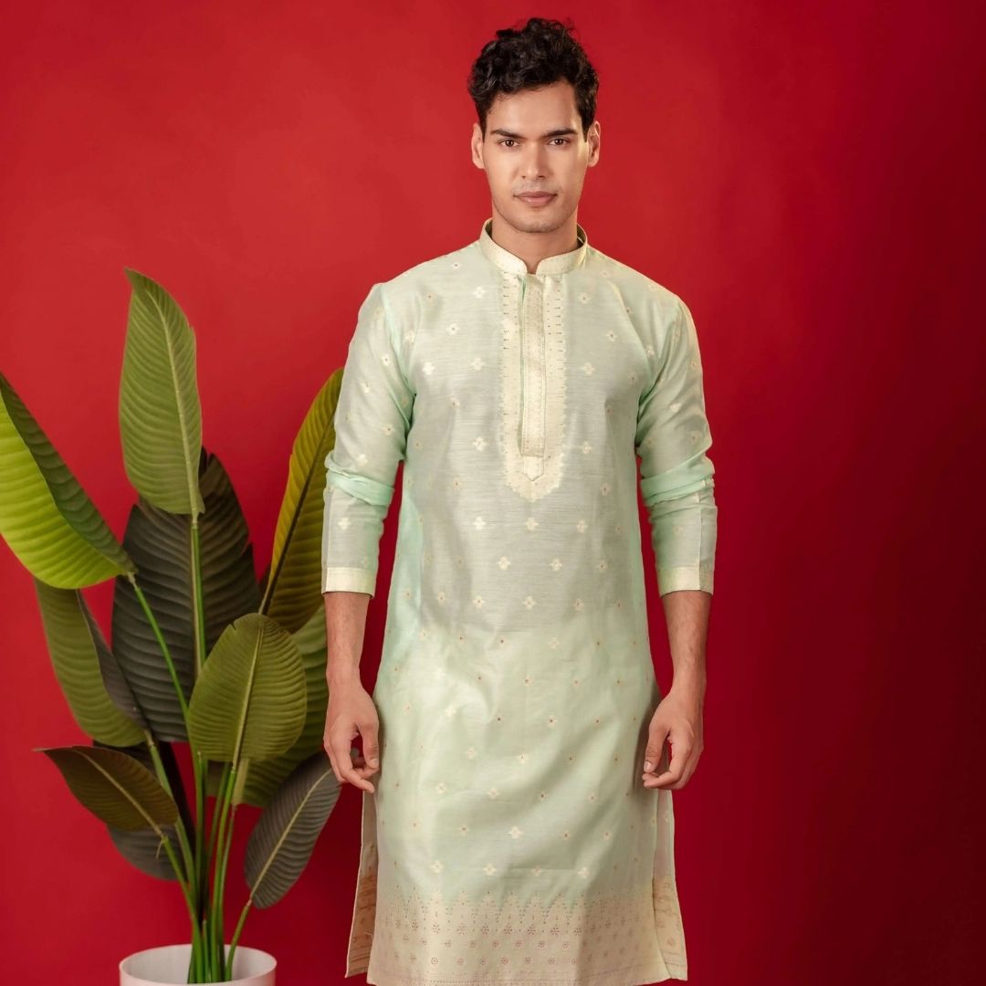 Suutraa Men's Pista Green Silk Kurta with Neck Emb - suutraa.com