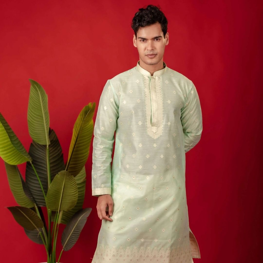 Suutraa Men's Pista Green Silk Kurta with Neck Emb - suutraa.com
