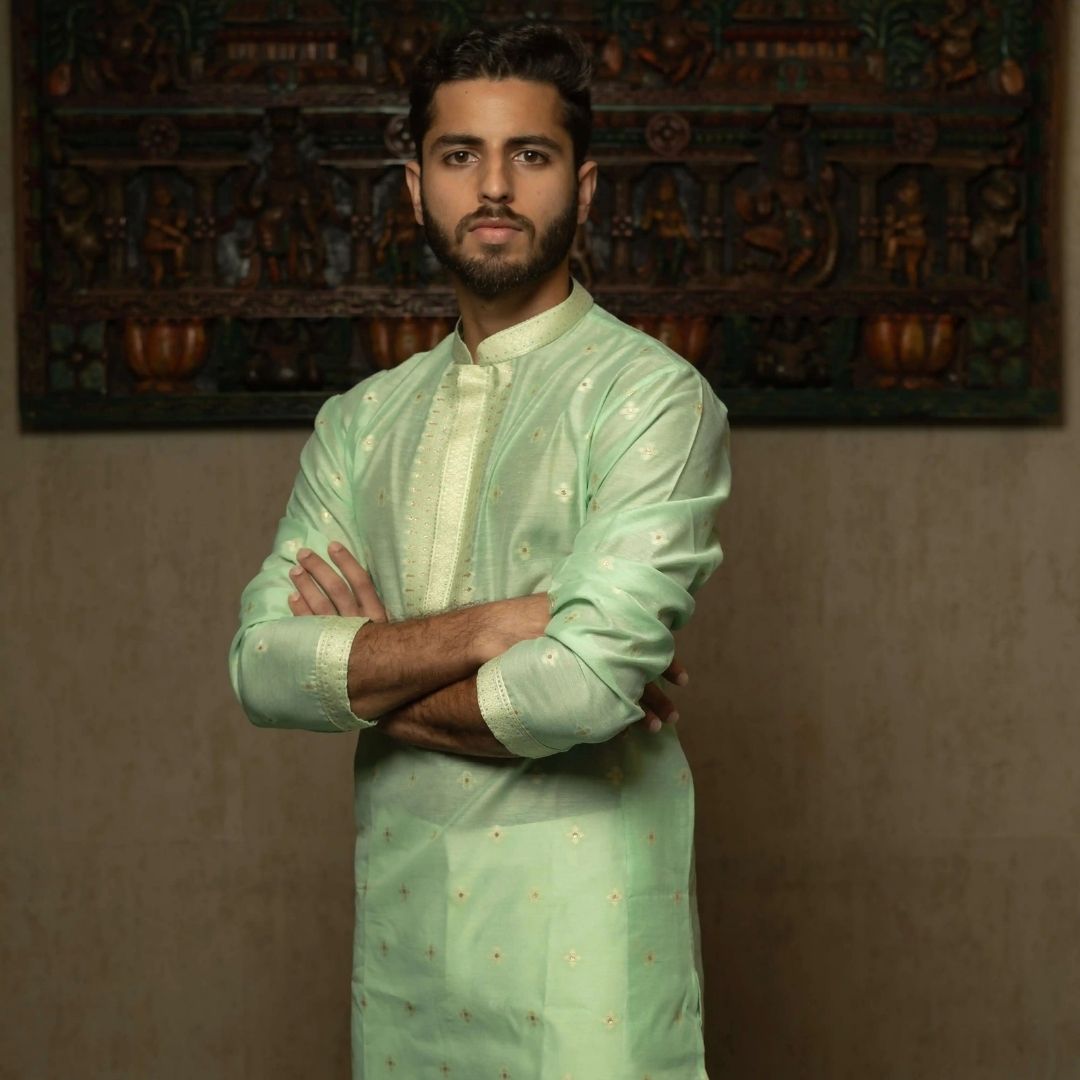 Suutraa Men's Pista Green Silk Kurta with Neck Emb - suutraa.com