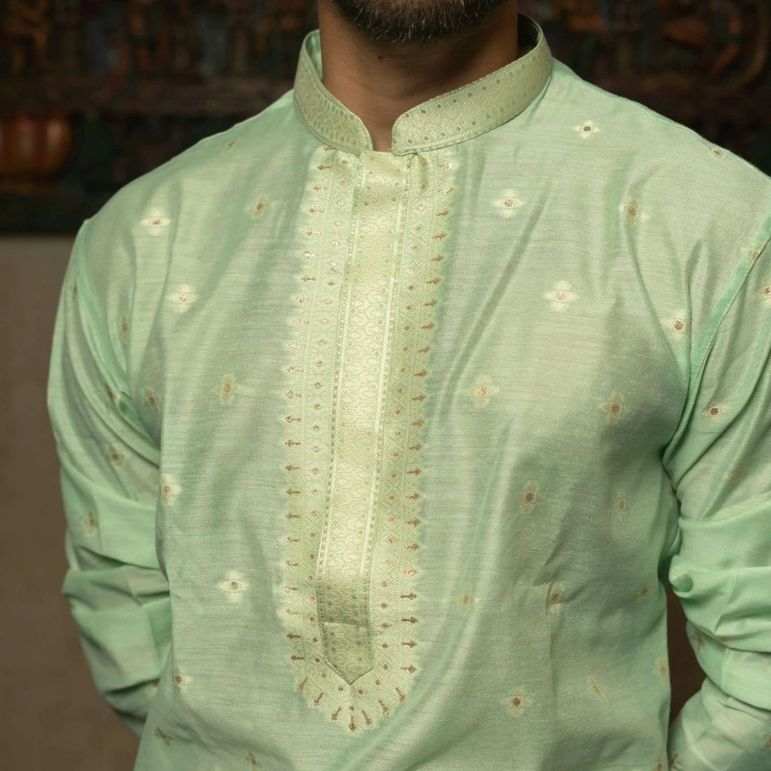 Suutraa Men's Pista Green Silk Kurta with Neck Emb - suutraa.com