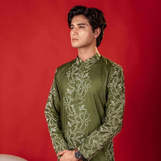 Suutraa Men's Bottle Green Linen Designer Thread Work Kurta - suutraa.com
