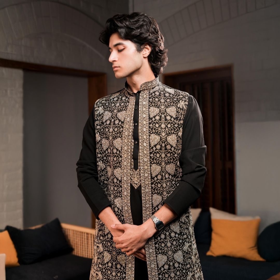 Suutraa Mens's Black Long Kurta Jacket Pant Set - suutraa.com