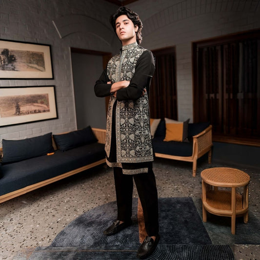 Suutraa Mens's Black Long Kurta Jacket Pant Set - suutraa.com