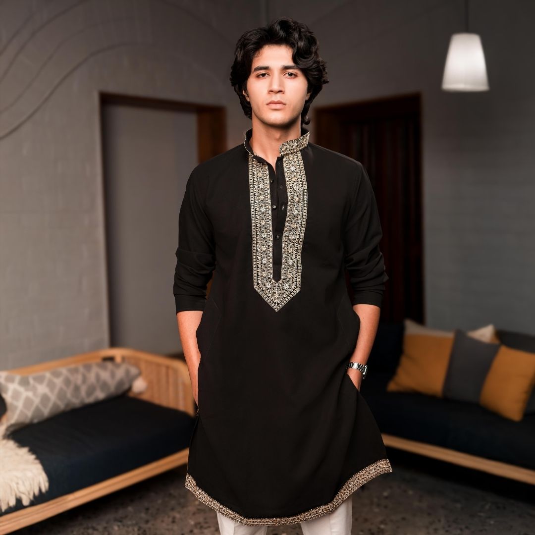 Suutraa Mens's Black Long Kurta Jacket Pant Set - suutraa.com
