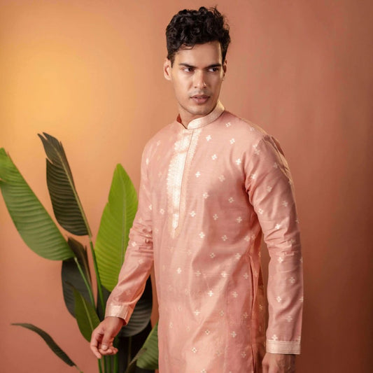 Suutraa Men's Pink Silk Kurta with Neck Emb - suutraa.com