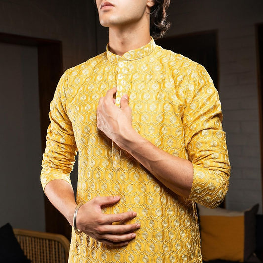 Suutraa Men's Yellow Silk Embroidered Kurta - suutraa.com