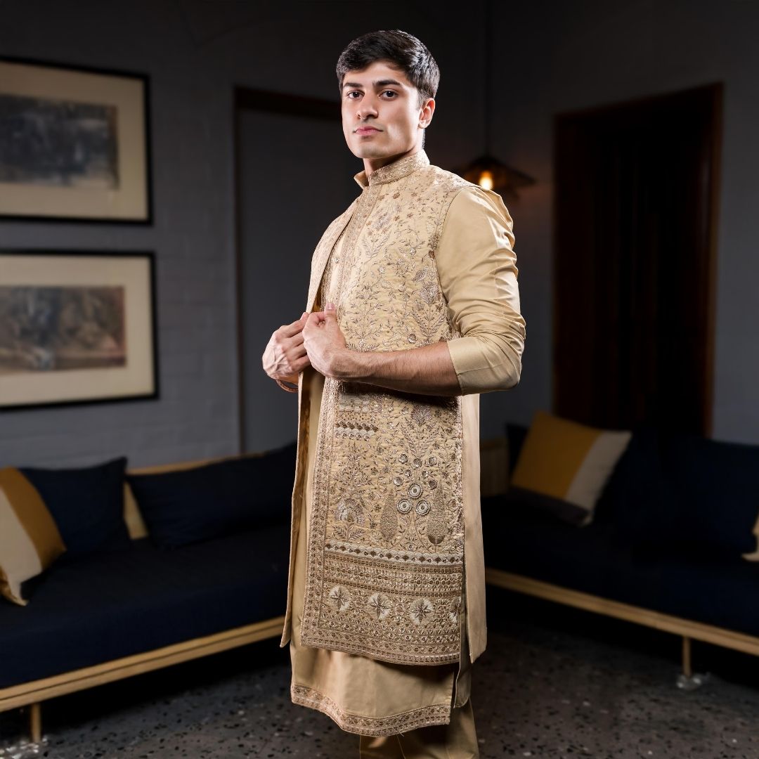 Suutraa Men's Gold Long Kurta Jacket Pant Set - suutraa.com