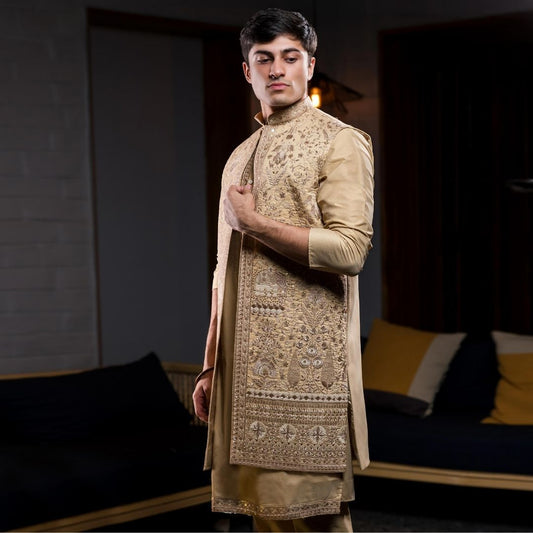 Suutraa Men's Gold Long Kurta Jacket Pant Set - suutraa.com