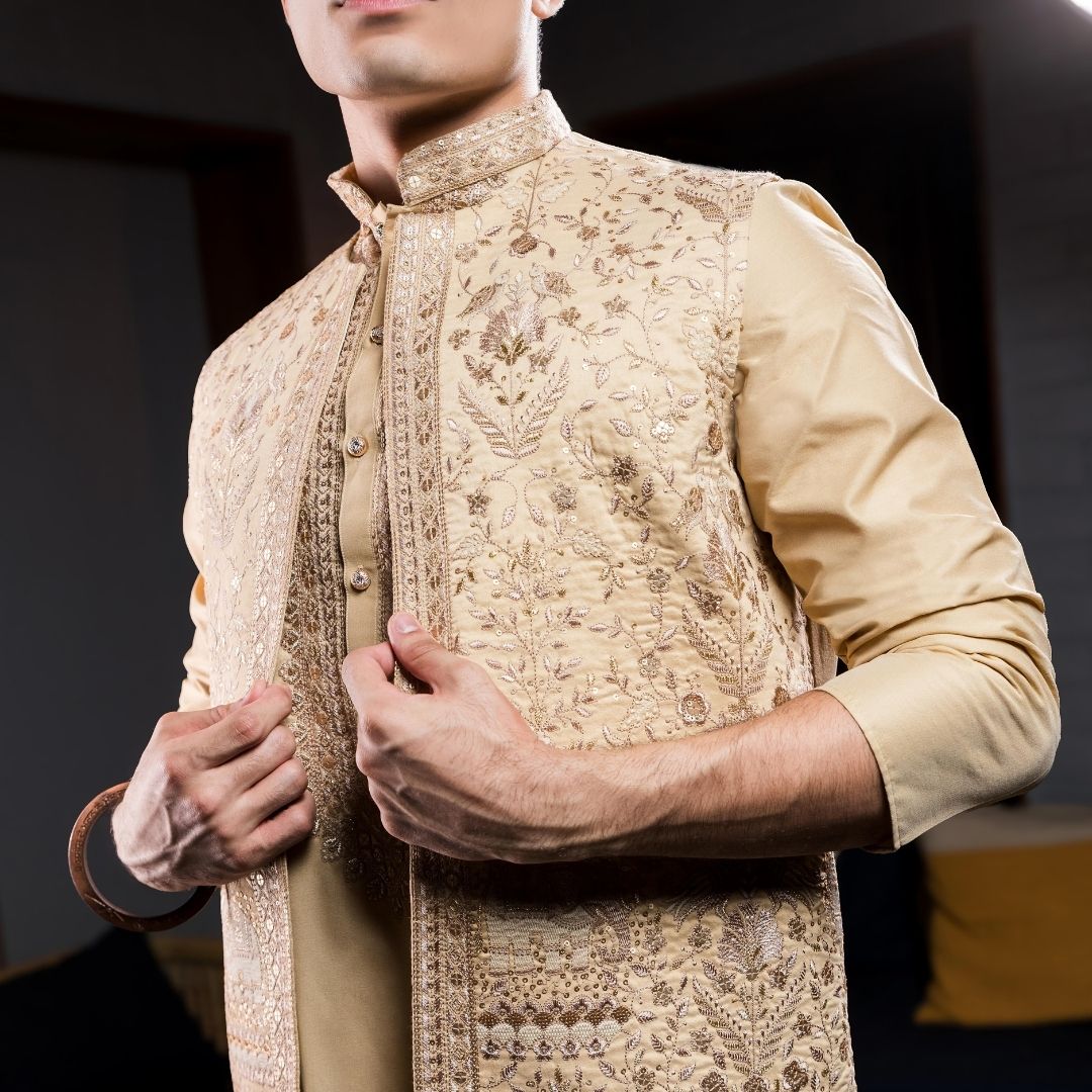 Suutraa Men's Gold Long Kurta Jacket Pant Set - suutraa.com