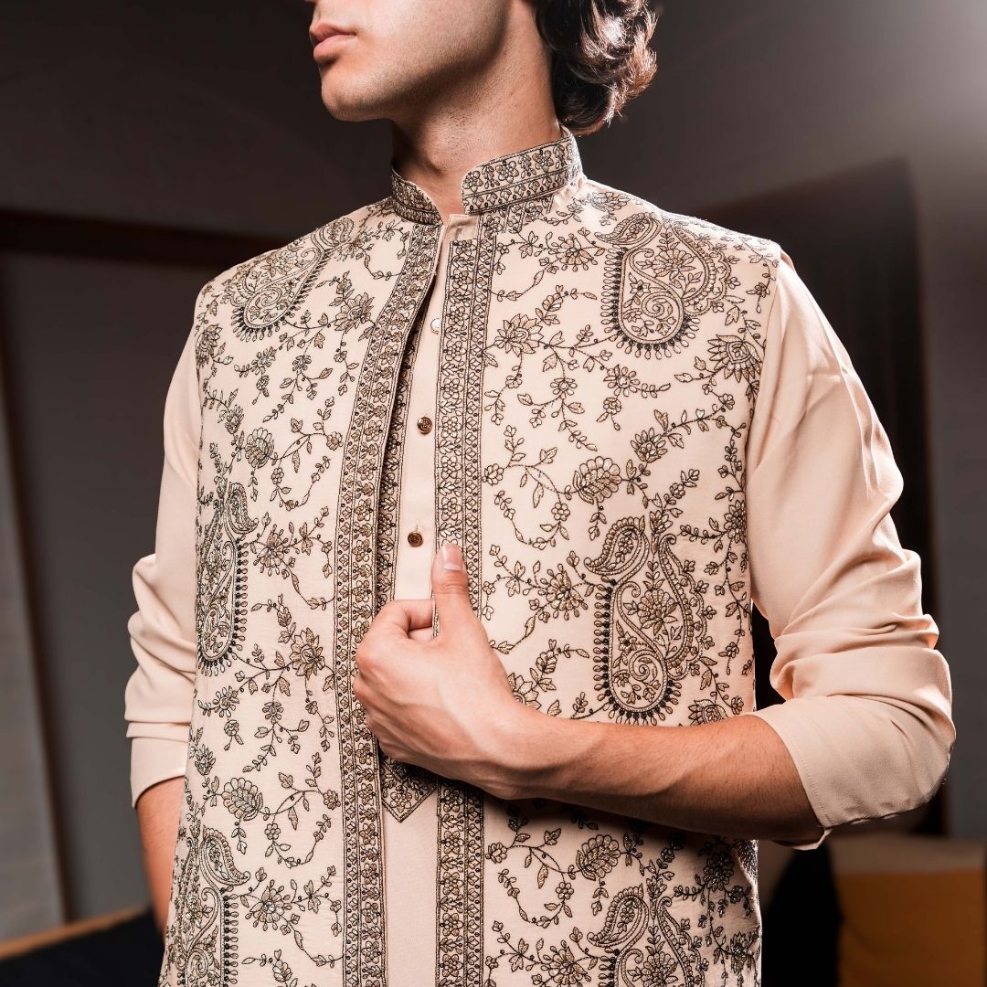 Suutraa Mens's Peach Long Kurta Jacket Pant Set - suutraa.com
